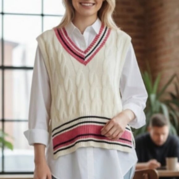 NWT $68 Free People Coastal Prep Poncho Vest One Size Nautical V Neck Cable Knit - Picture 1 of 10